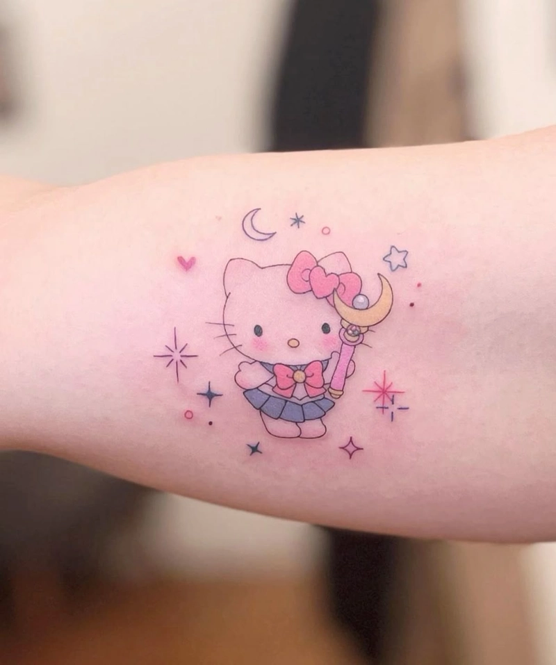 hình xăm mèo hello kitty màu hồng