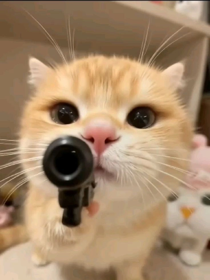 meme mèo đáng yêu cầm súng