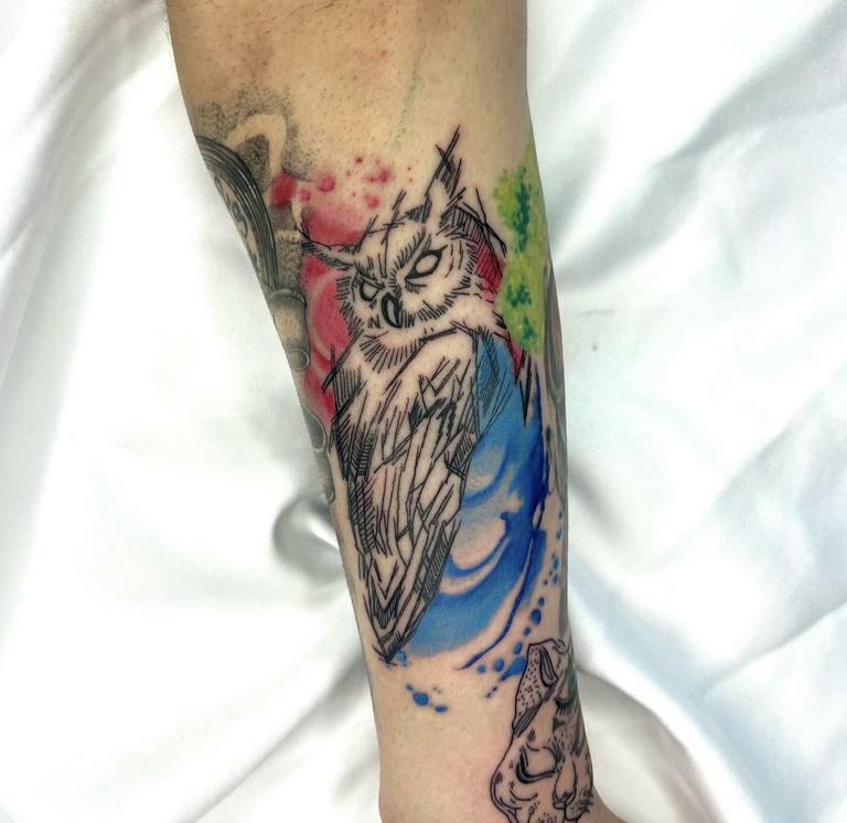 tattoo cú mèo nhiều màu sắc