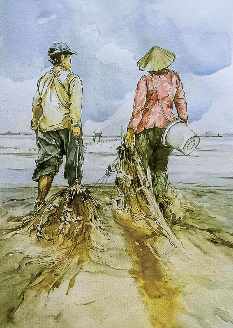 tranh nghề nông màu nước