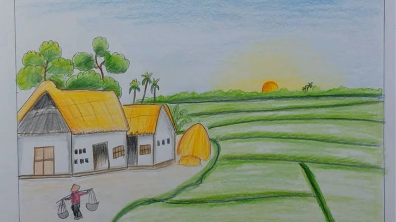 tranh vẽ cảnh làng quê buổi sáng