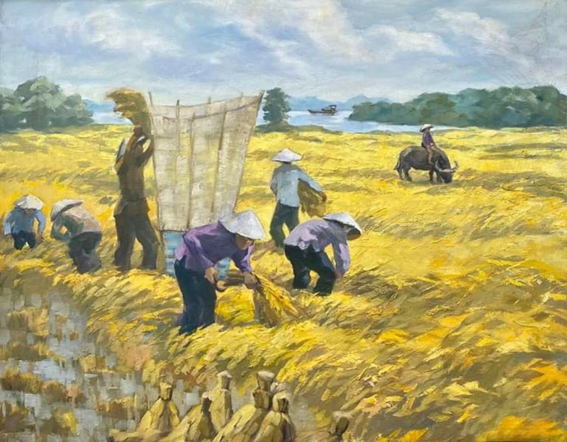 tranh vẽ gặt lúa