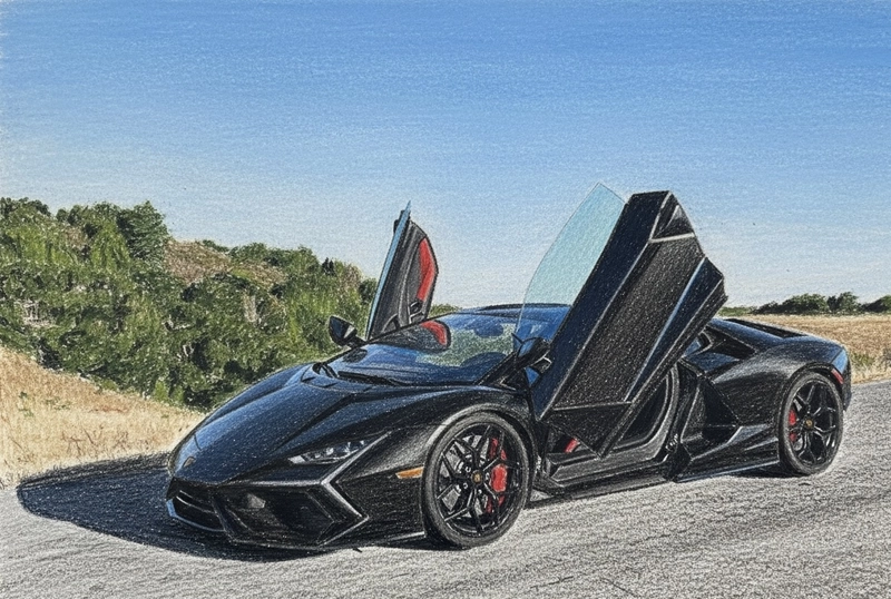 tranh vẽ lamborghini trên núi