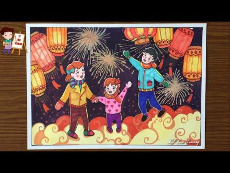 tranh vẽ ngày tết gia đình sum họp