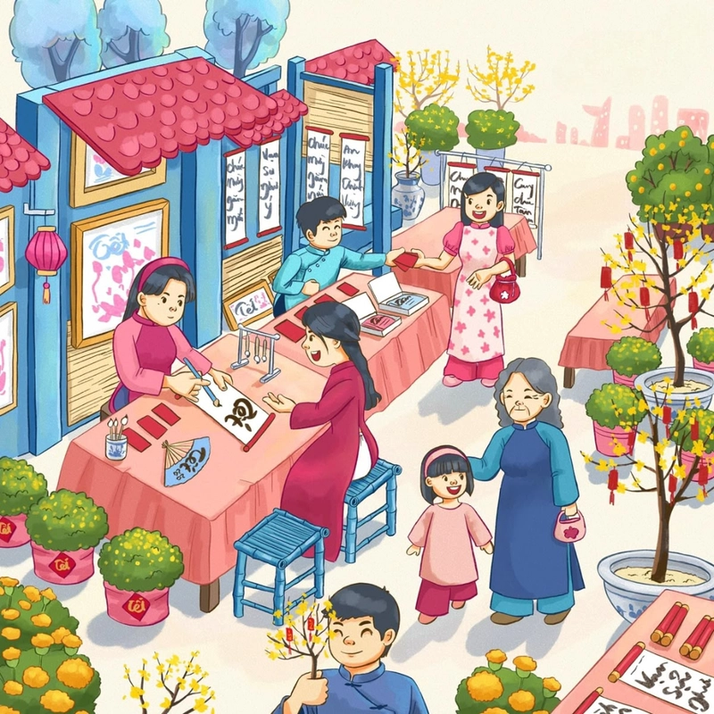 tranh vẽ ngày tết trẻ em vui chơi