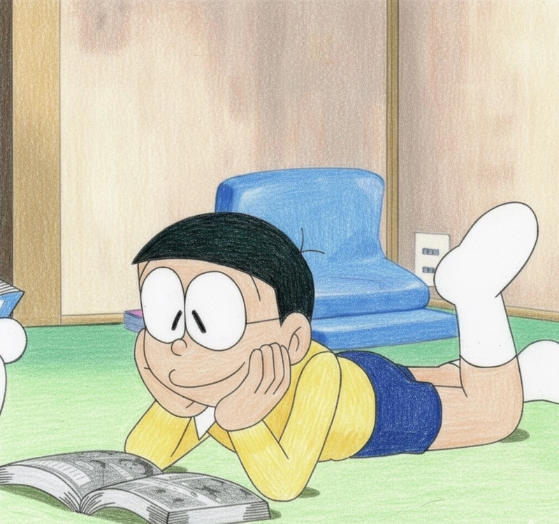 tranh vẽ nobita đọc sách