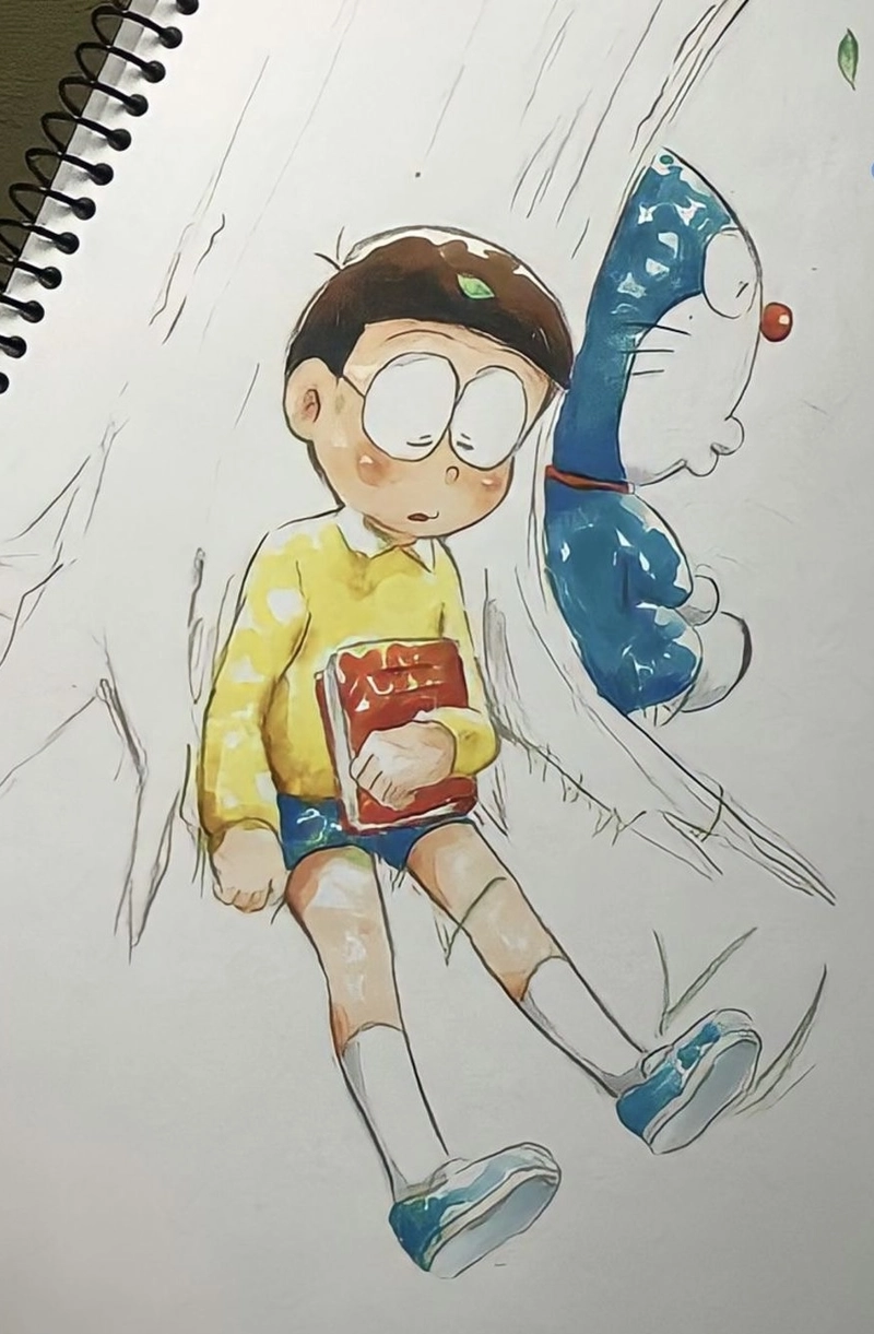 tranh vẽ nobita ngủ gốc cây