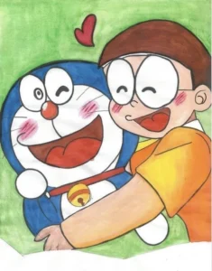 tranh vẽ nobita ôm doraemon