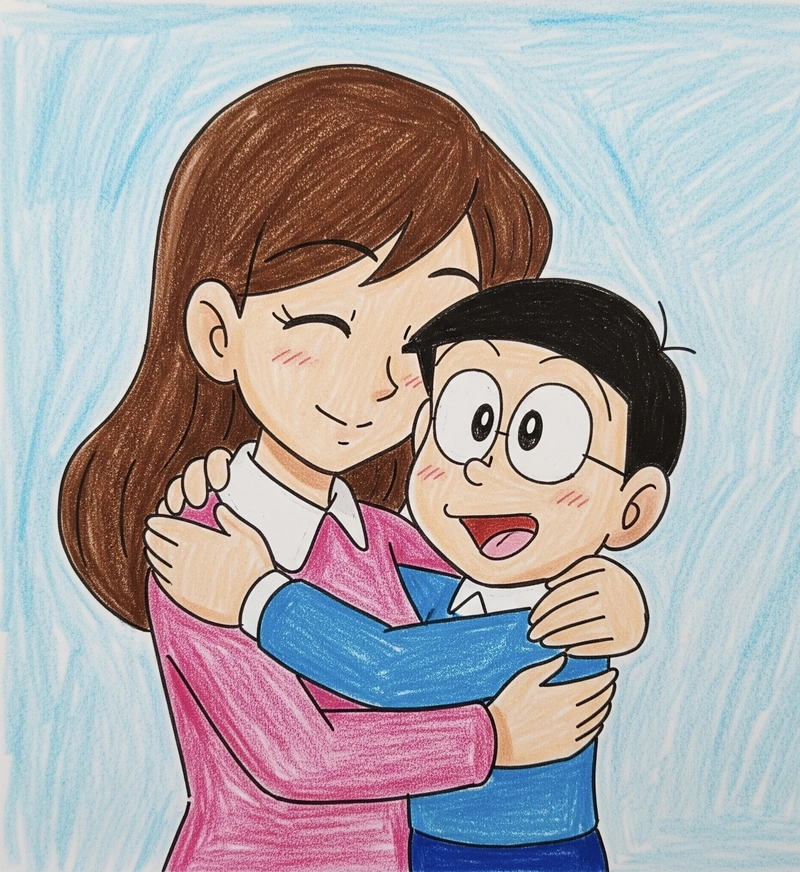 tranh vẽ nobita ôm mẹ