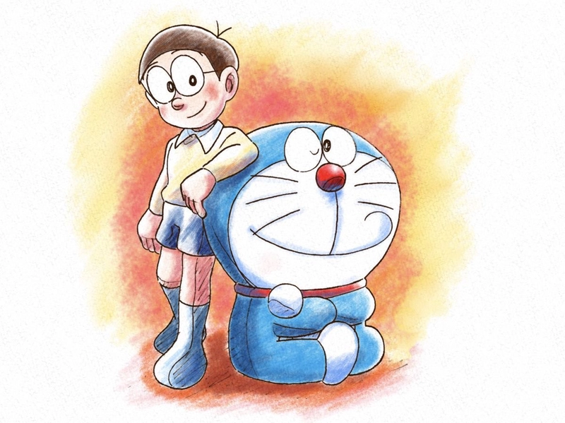 tranh vẽ nobita và doraemon màu nước