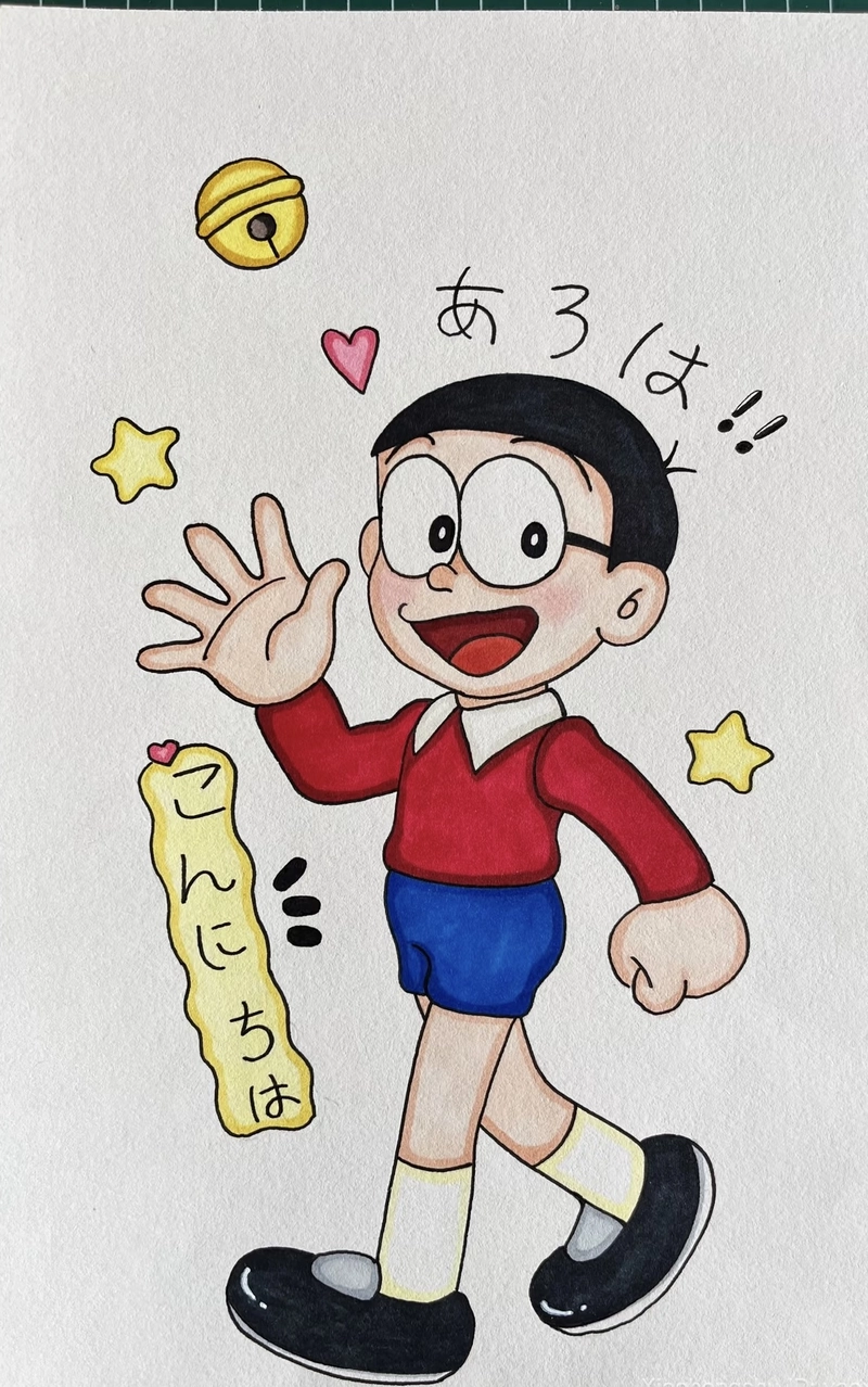 tranh vẽ nobita vui vẻ vẫy tay