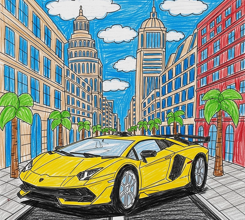 tranh vẽ ô tô lamborghini trên phố