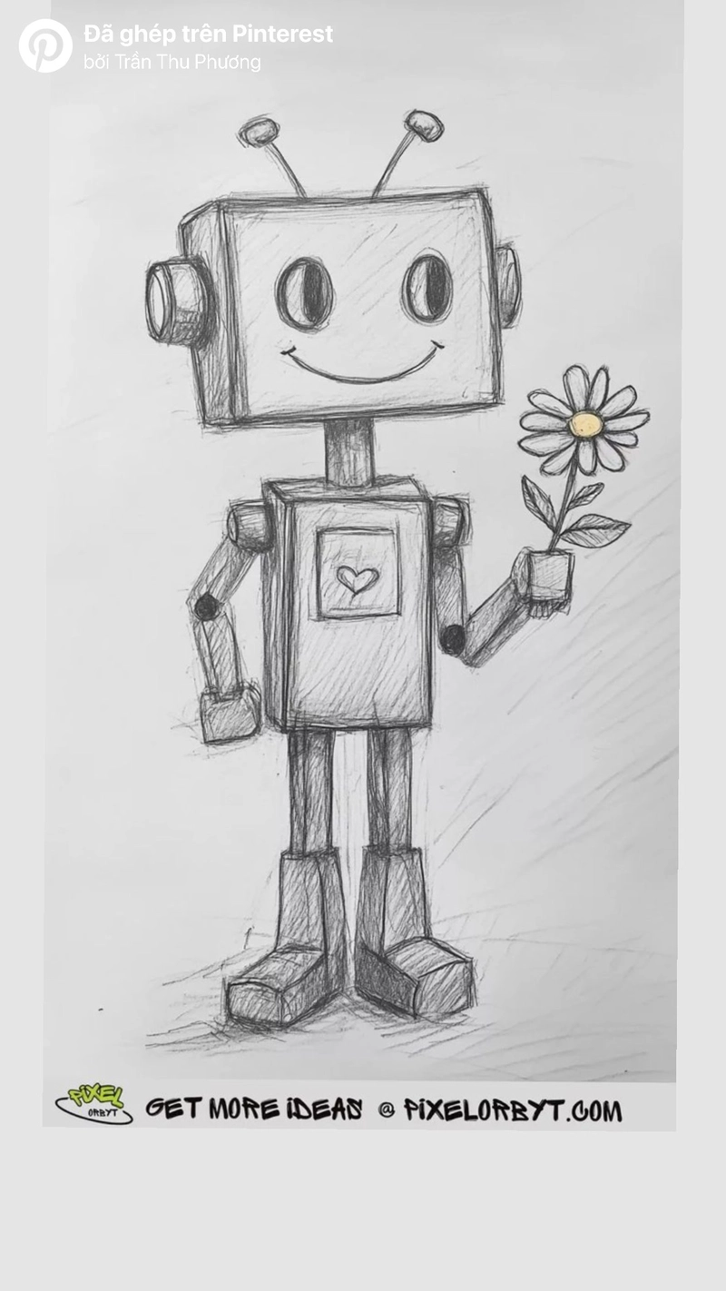 tranh vẽ robot cầm hoa