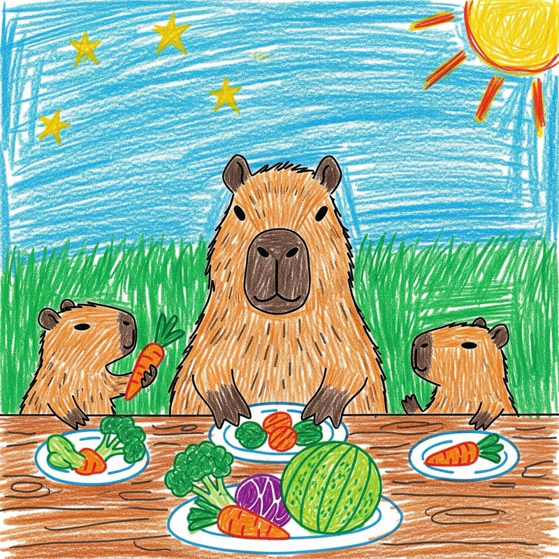 vẽ capybara ăn với gia đình