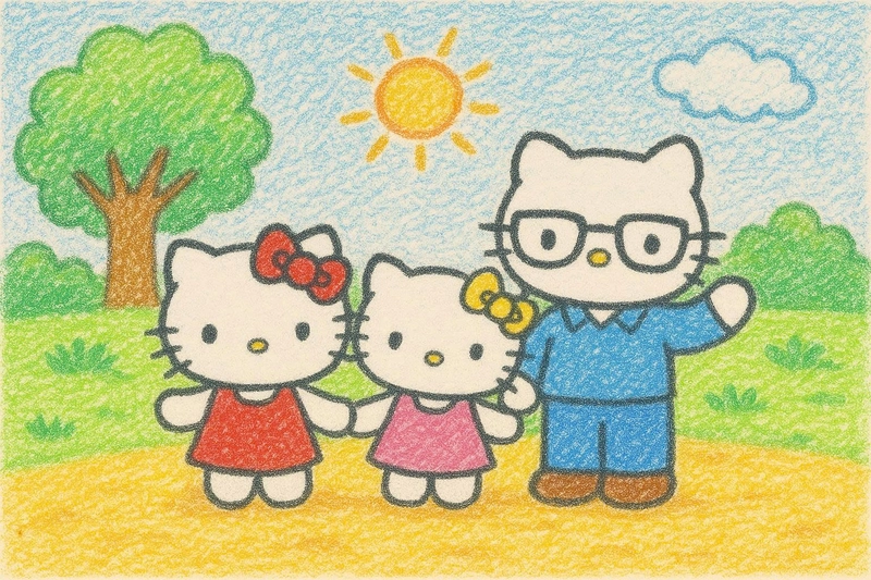 vẽ gia đình hello kitty đang đi chơi