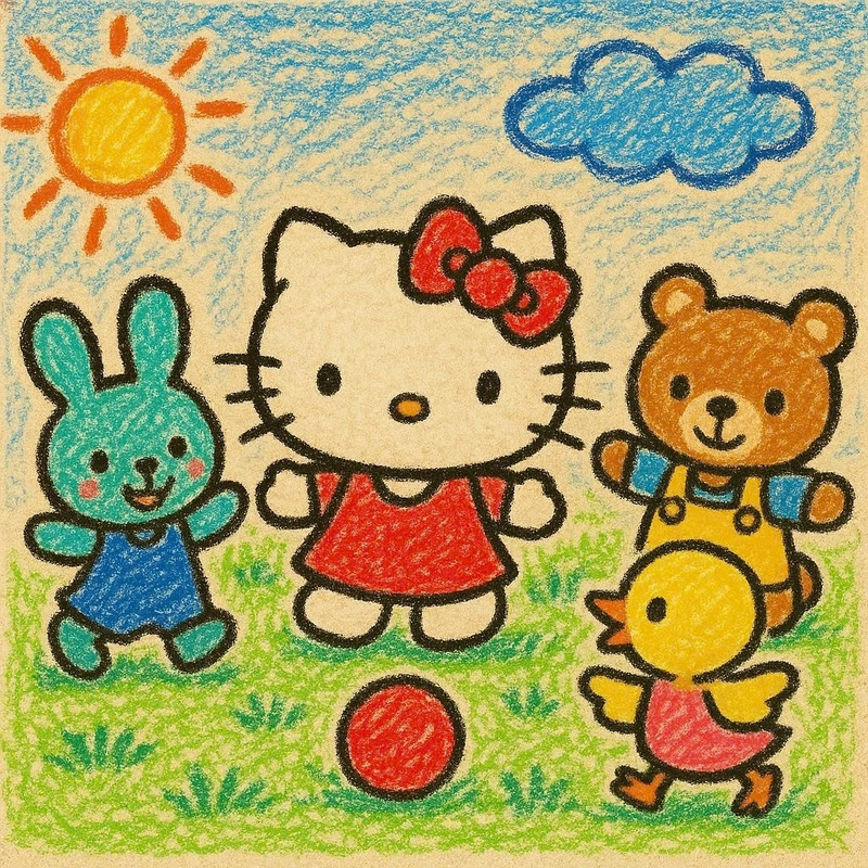 vẽ hello kitty chơi với bạn bè