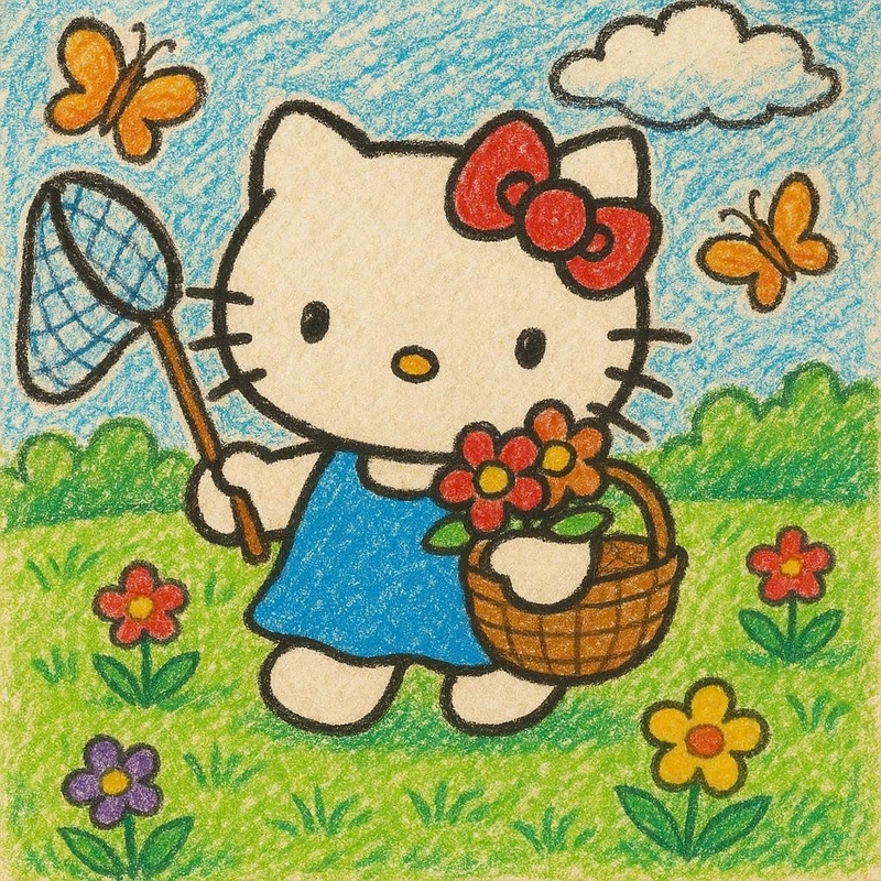 vẽ hello kitty đi bắt bướm