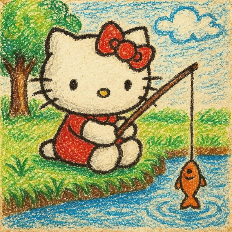 vẽ hello kitty đi câu cá