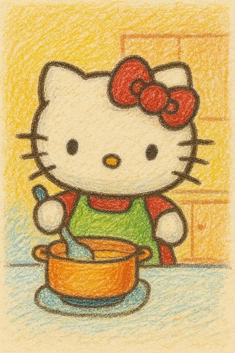vẽ hello kitty nấu ăn
