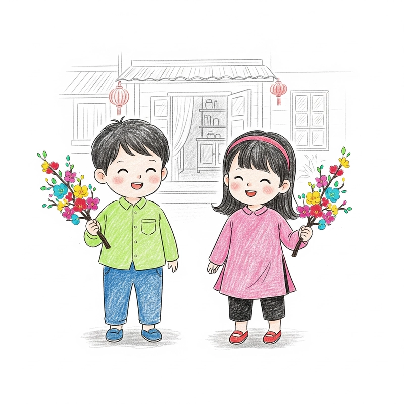 vẽ tranh vẽ ngày tết đơn giản lớp 5 hoa đào