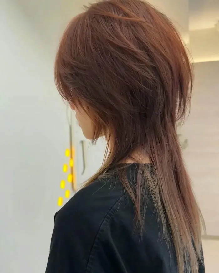 Kiểu tóc wolf cut nữ dài nâu đỏ nhìn từ sau