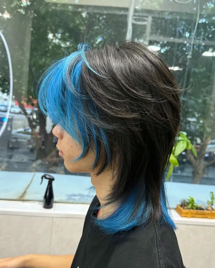 Tóc mullet đuôi sói nữ đen móc light xanh dương