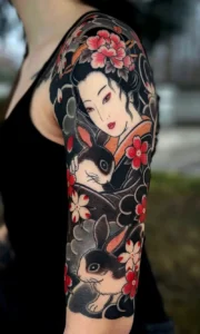 hình xăm cô gái nhật và hoa anh đào