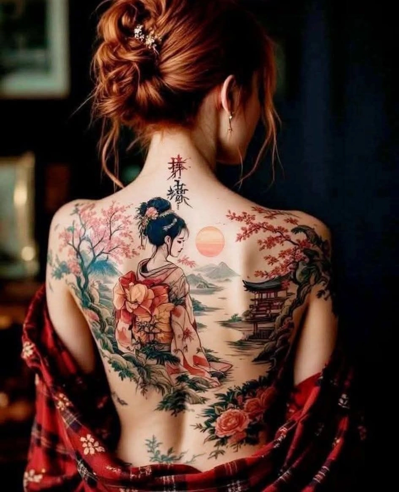hình xăm full lưng cô gái nhật