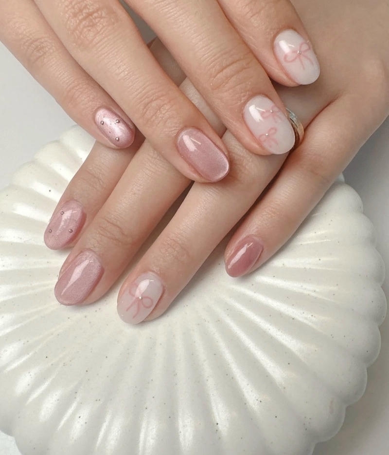 hồng pastel nail tráng gương