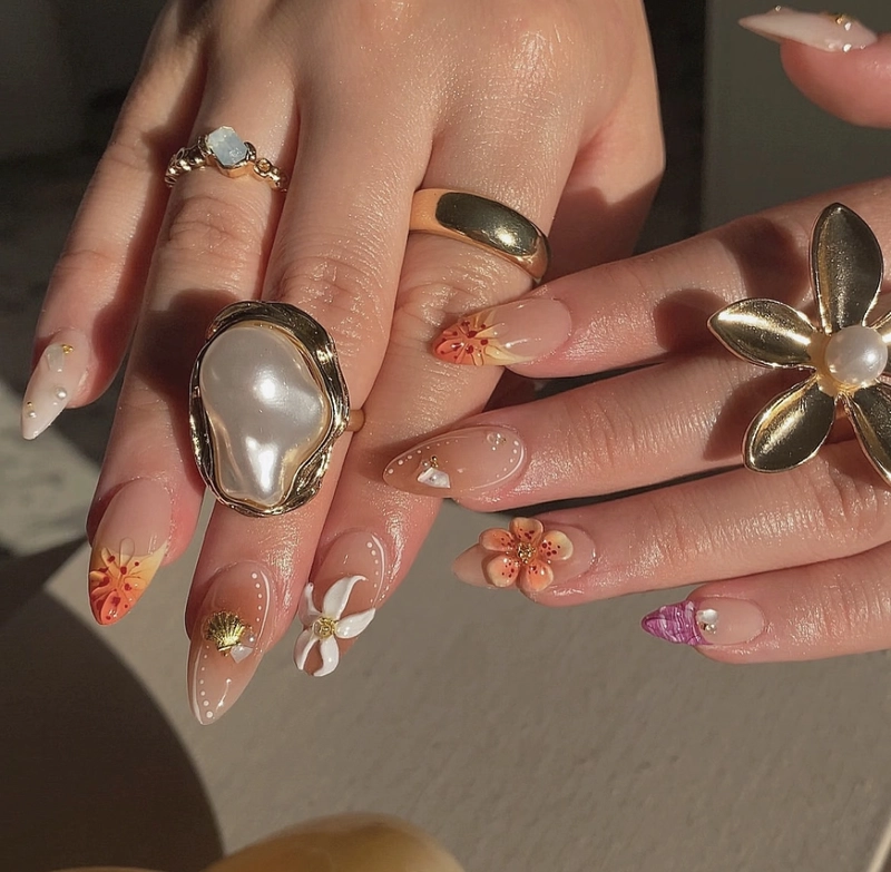 mẫu nail móng nhọn màu thạch