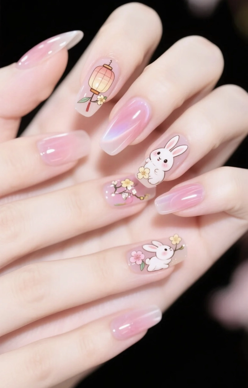 mẫu nail trung thu màu hồng thạch