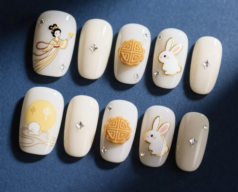 mẫu nail trung thu màu sữa