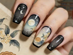 mẫu nail trung thu phối đen