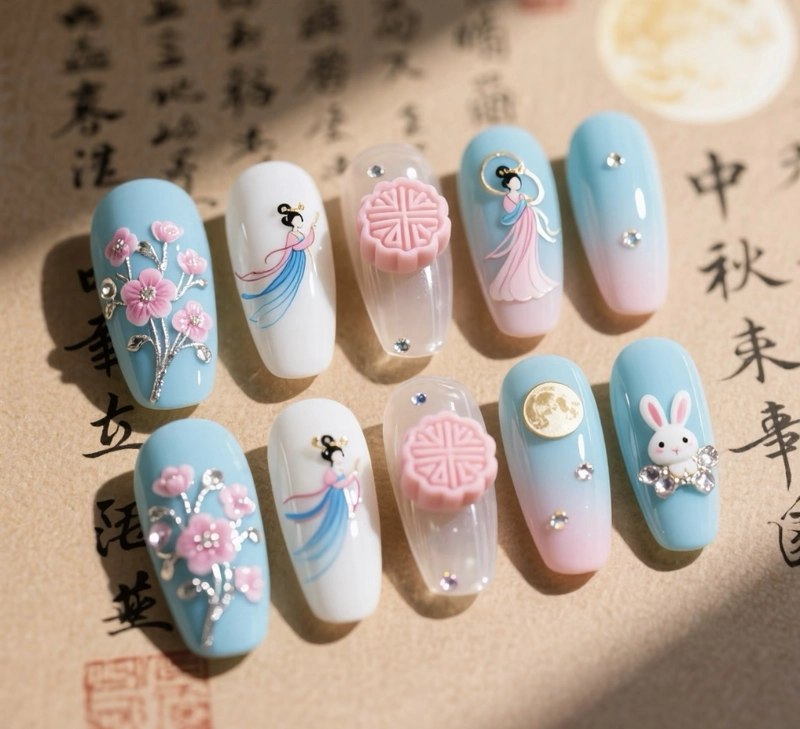 nail trung thu ombre xanh hồng
