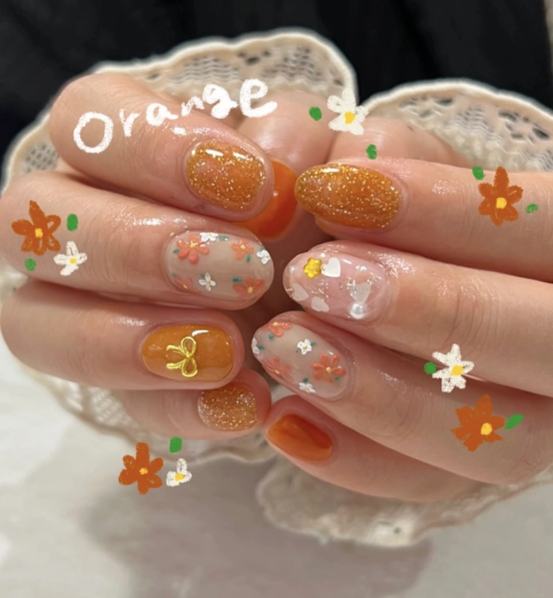 những mẫu nail màu cam cute