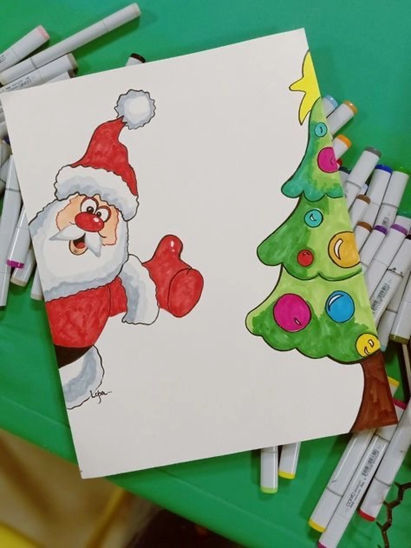 vẽ tranh ông già noel cùng cây thông noel dễ vẽ