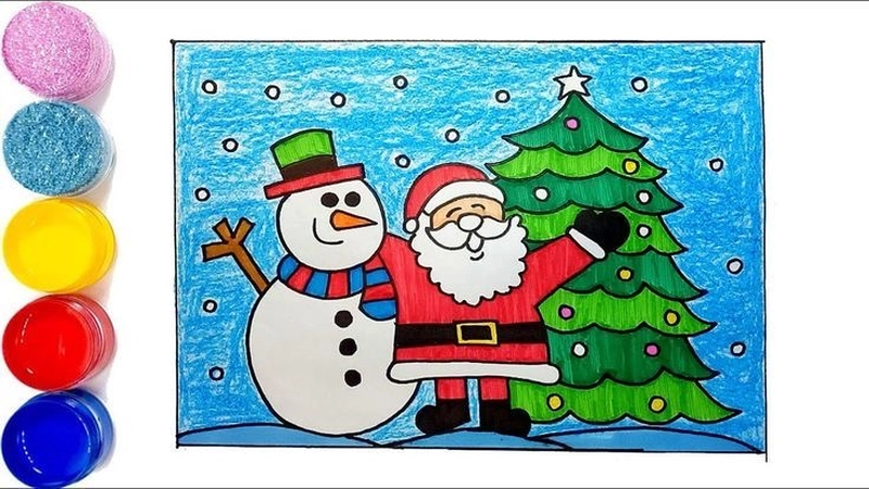 vẽ tranh ông già noel cùng người tuyết và cây thông