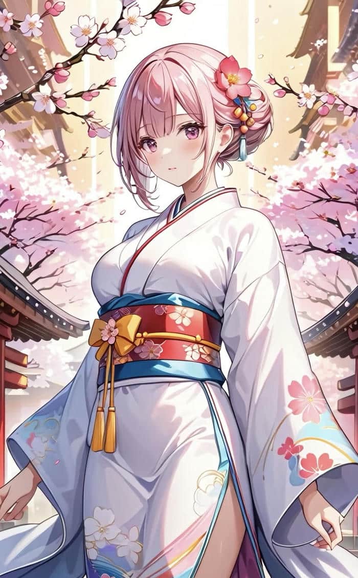 cô gái anime mặc áo kimono