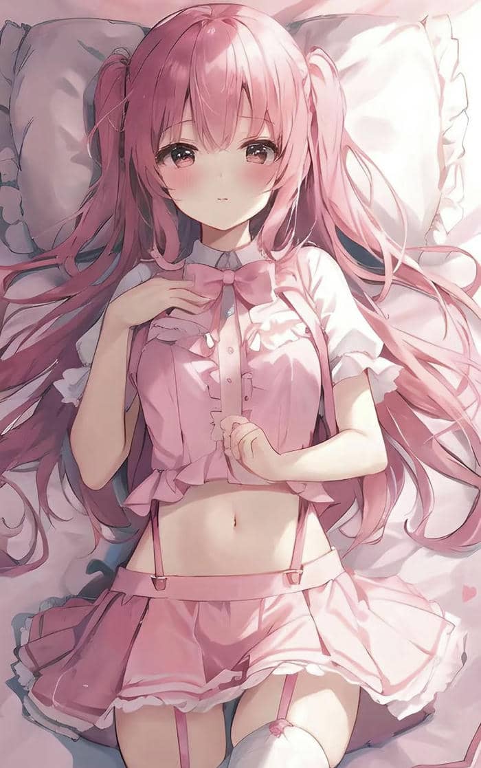 cô gái anime tóc hồng nhẹ nhàng