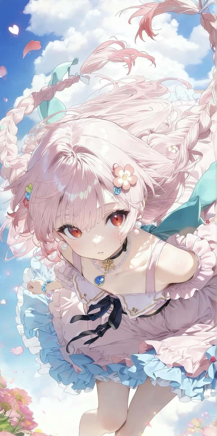 nữ anime mái tóc hồng ngọt ngào