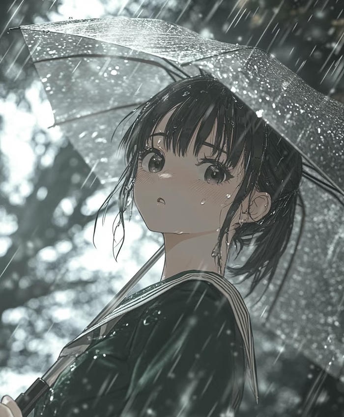 anime buồn đứng trong mưa