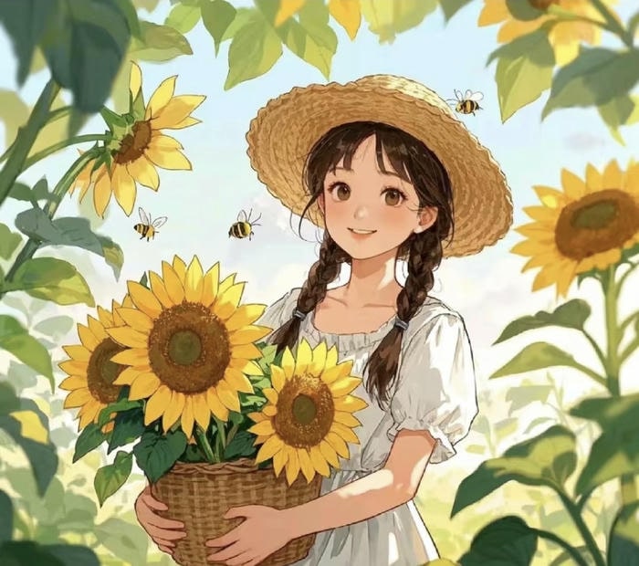 anime đi qua cánh đồng hướng dương