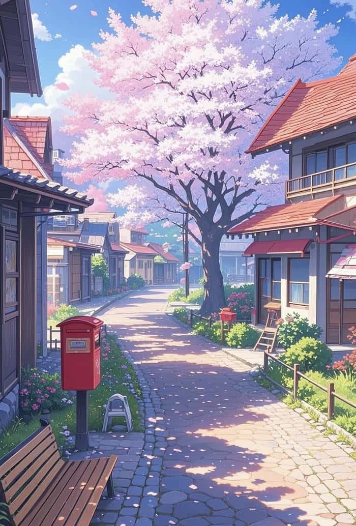 anime đứng bên cây anh đào