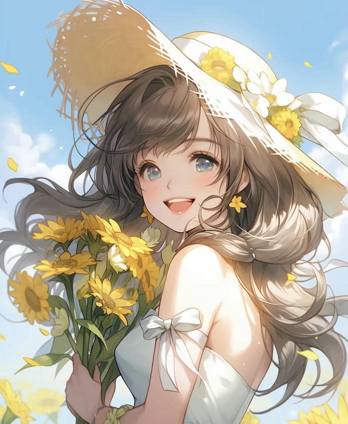 anime đứng cạnh hoa vàng