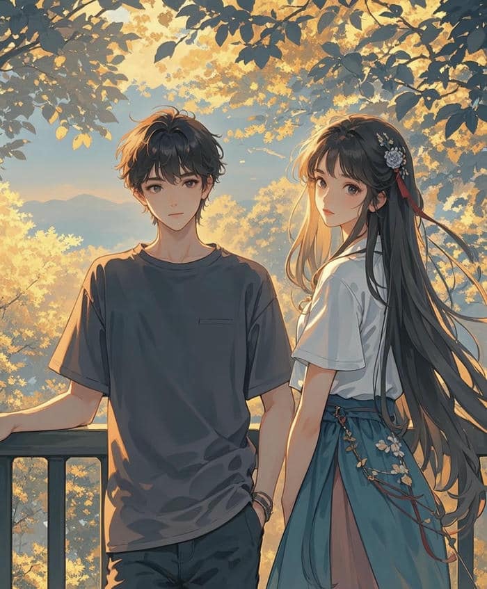 anime đứng dưới hoàng hôn