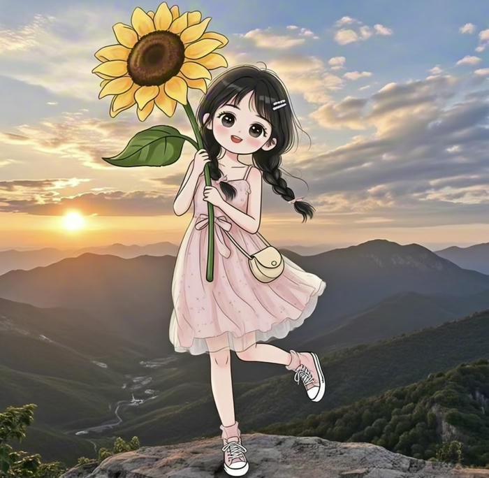 anime đứng giữa hoa hướng dương