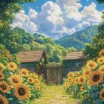 anime đứng trước hướng dương