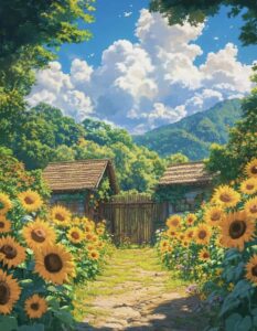 anime đứng trước hướng dương