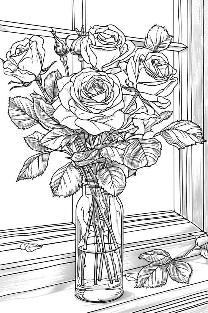 bản vẽ hoa hồng kèm lá nhỏ