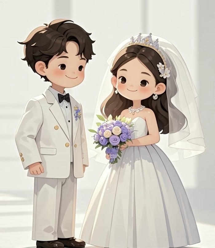 chibi cô dâu chú rể cười tươi